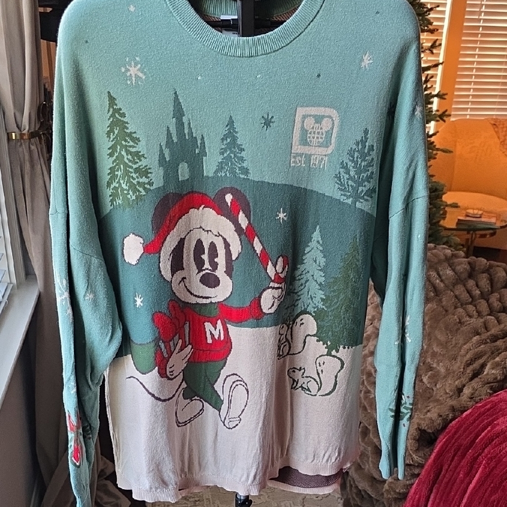 Disney Parks Spirit Jersey Knit Sweater Large WDW Snowman Bunnies Sage Holiday